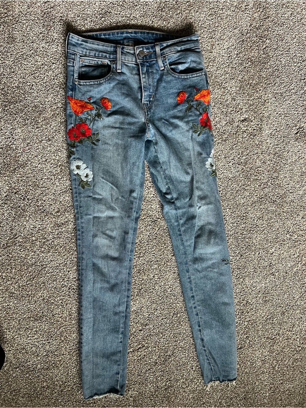 Levi's Blue Skinny Jeans with Red, Orange & White Floral Embroidery